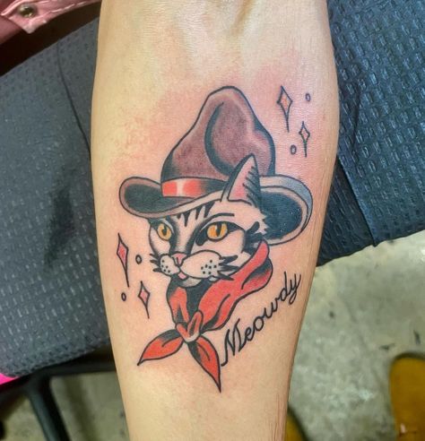 Cowboy Hat Tattoo, Cat Portrait Tattoos, Drawing Traditional, Cowboy Tattoos, Birthday Tattoo, Tattoo Apprentice, B Tattoo, Traditional Tattoo Flash, Baby Tattoos