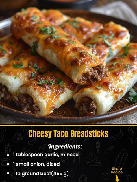 Cheesy Taco Breadsticks, Taco Breadsticks, Recipes With 1lb Ground Beef, Breadsticks Recipe, Bread Sticks Recipe, Skillet Dishes, Recipes Authentic, Easy Cheesy, Mexican Food Recipes Authentic