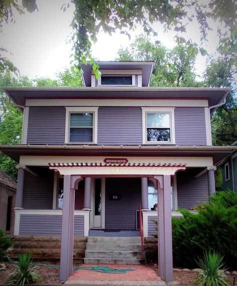 purple house in Ft. Collins Green House Siding, Outside House Paint Colors, Foursquare House, Outside House Paint, Outside House Colors, Four Square Homes, Paint Colors For House, Colors For House, Purple House