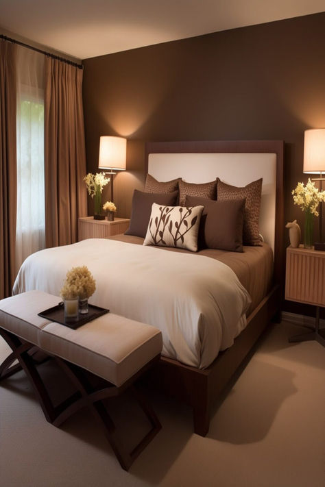 An inviting bedroom with a dark brown color scheme, plush bedding, and elegant furniture. Small Bedroom Bed, Styling Bedroom, Dark Brown Bedrooms, Brown Bedroom Decor, Brown Headboard, Dark Brown Furniture, Colors Bedroom, Bedroom Makeovers, Bedroom Color Combination