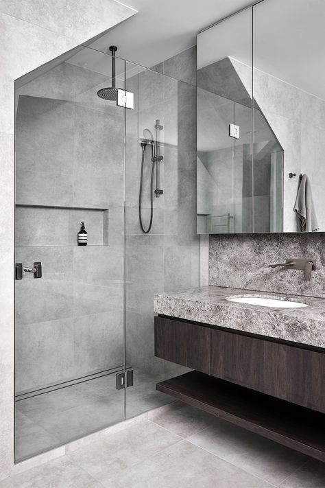 Gray Bathroom Tile Ideas, Gray Bathroom Tile, Grey Floorboards, Gray Tiles, Gray Shower Tile, Grey Bathroom Tiles, Vanity Counter, Glass Shower Door, Angled Ceilings