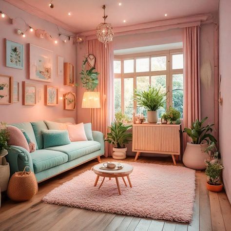 Boho Danish Pastel Aesthetic, Simple Colorful Living Room, Pink And Green Living Room Decor, Peach Living Room, Pastel Lounge, Pastel Apartment, Farrow And Ball Living Room, Yellow Kitchen Cabinets, Pastel Living Room