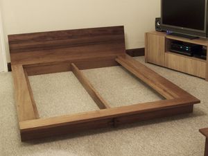 Iroko platform bed - Bespoke handmade bedroom furniture, Brighton, Sussex Handmade Bedroom Furniture, Japanese Platform Bed, Japanese Style Bed, Japanese Style Bedroom, Japanese Bed, Simple Bed Designs, Brighton Sussex, Japanese Bedroom, Bespoke Beds