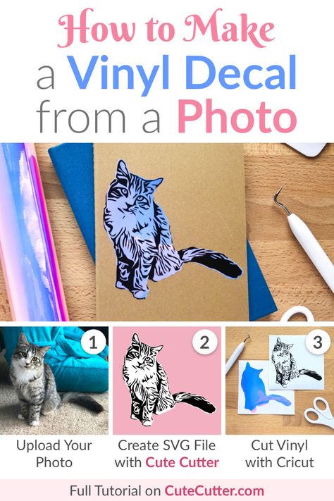 Step-by-step tutorial to make a custom vinyl decal using a photo of your cat (or dog) with your Cricut or Silhouette! #cricut #adhesivevinyl #vinyldecal #adorable #cat #dog #phototosvg #jpgtosvg #picturetosvg #holographic #dichroic #customdog #customcat #silhouette Cricut Explore Projects, Projets Cricut, Layered Vinyl, Cricut Projects Beginner, Custom Vinyl Decal, Cricut Craft Room, Diy Cricut, Silhouette Cameo Projects, Cricut Tutorials