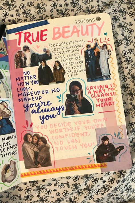 True Beauty K-Drama in my tv show and film journal Aesthetic Pages For Journal, Bujo Design Ideas, Barbie Journal Page, Kdrama Scrapbook Ideas, K Drama Books, Tv Show Journal Page, K Drama Journal Ideas, True Beauty Journal, Tv Shows Journal