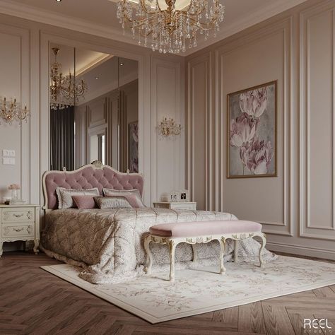 Royal Look Bedroom Design, Classic French Bedroom, Fancy Bedroom Aesthetic, Classic Room Bedroom, Classic Interior Design Bedroom, Classic Bedroom Design Luxury, Royal Interior Design, Elegant Pink Bedroom, Bedroom Classic Design