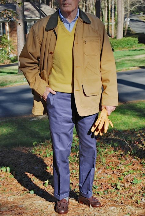 LL Bean Field coat, first made in 1924, LL Bean Wool V neck sweater, J. Press University Stripe OCBD, Lands' End Twills, Allen Edmonds braided lace Kilties. Lands End Clothing, Swaine Adeney Brigg, End Clothing, Polo Coat, Cool Girl Outfits, Grandpa Style, J Press, Barn Coat, Ivy League Style