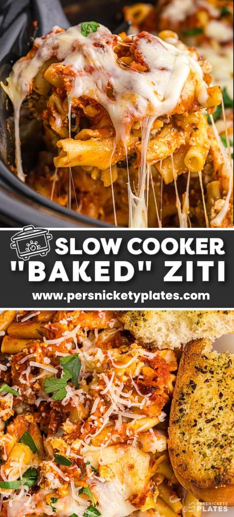 Now it’s easier than ever to make baked ziti - right in the slow cooker! Layered with tasty marinara sauce, uncooked pasta noodles, and a seasoned cheese mixture, this crockpot comfort food is a dump-and-set recipe that the whole family will love! Crockpot Ziti, Crock Pot Baked Ziti, Slow Cooker Baked Ziti, Slow Cooker Pasta Recipes, Slow Cooker Baking, Ziti Recipes, Baked Ziti Recipe, Slow Cooker Pasta, Baked Ziti