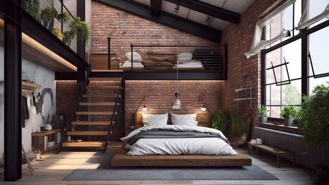 18+ Dreamy Loft Style Bedrooms to Inspire Your Urban Retreat • 333+ Images • [ArtFacade] Loft Furniture Ideas, House Design Budget, Loft Interior Bedroom, Industrial Loft Bedroom, Loft Type Bedroom, Boho Loft Apartment, Loft Bedroom Design, Loft Type House, Modern Loft Bedroom