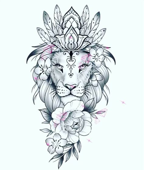 Girly Lion Tattoo, Mandala Lion Tattoo, Colorful Lion Tattoo, Lion Leg Tattoo, Female Lion Tattoo, Crown Tattoos For Women, Lion Flower, Lion Art Tattoo, Lion Mandala