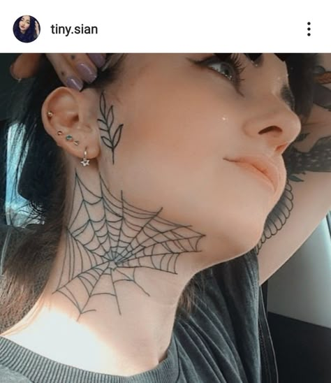 Spiderweb cobweb neck tattoo face tattoo women Face Neck Tattoo, Kneck Tattoos, Neck Tattoo Women, Spiderweb Tattoo, Spider Web Tattoo, Throat Tattoo, Grunge Tattoo, Web Tattoo, Bug Tattoo