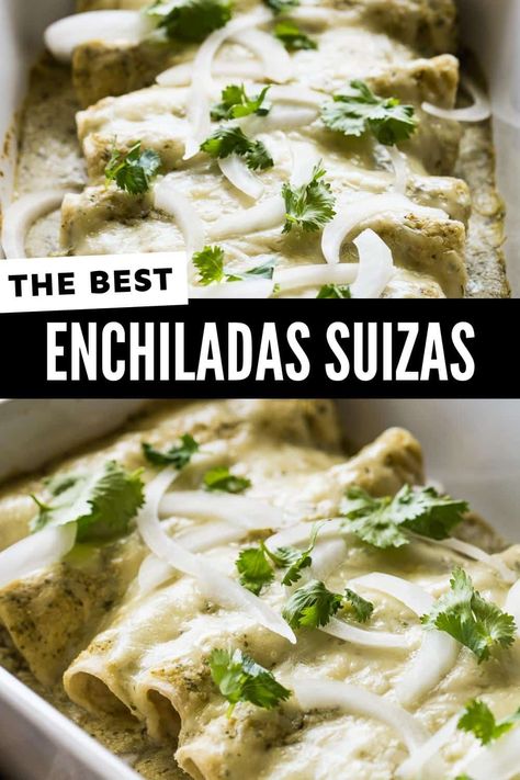 Enchiladas suizas are a popular Mexican dish made with corn tortillas stuffed with shredded chicken, covered in a creamy green sauce made with Mexican crema, and topped with lots of cheese! Crema Mexicana Recipe, Chicken Enchiladas Suiza, Creamy Green Sauce, Enchiladas Corn Tortillas, Isabel Eats, Chicken Lickin, Enchiladas Suizas, Homemade Salsa Verde, Best Enchiladas