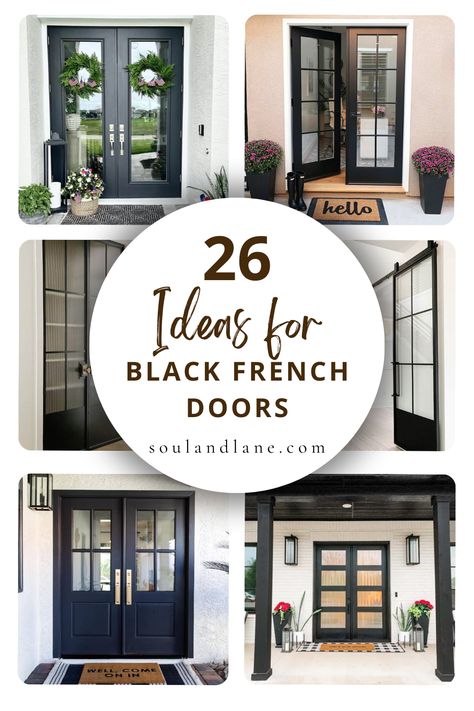 Chic black French doors are the perfect way to make a memorable first impression, offering both beauty and elegance to your home's entryway. These striking doors combine the classic charm of French design with a modern twist, creating a grand entrance that's both welcoming and stylish. Ideal for enhancing natural light and indoor-outdoor flow, black French doors add an architectural element that complements any decor style. French Door Exterior, Black And White Exterior House, Entry Door Styles, French Door Coverings, Fiberglass French Doors, Black French Doors, French Front Doors, Wood French Doors, White Porch