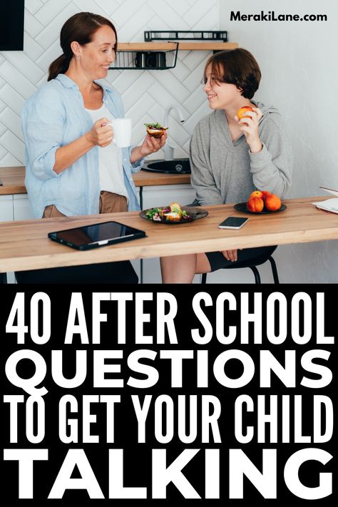 40 Questions to Ask Your Kids After School | If you struggle to get your toddler, elementary aged kids, and/or tweens and teens to share anything about their school day other than to say it was 'fine' and they did 'nothing', this post is for you! We've curated the best questions for kids, which are designed specifically to get kids to talk! Forget the closed, yes/no questions and give some of these fun and creative open ended questions a try! Questions To Ask After School, After School Questions For Kids, Questions To Ask Kids After School, Questions To Ask Your Kids, School Questions, Best Questions To Ask, 40 Questions, Yes No Questions, Questions For Kids