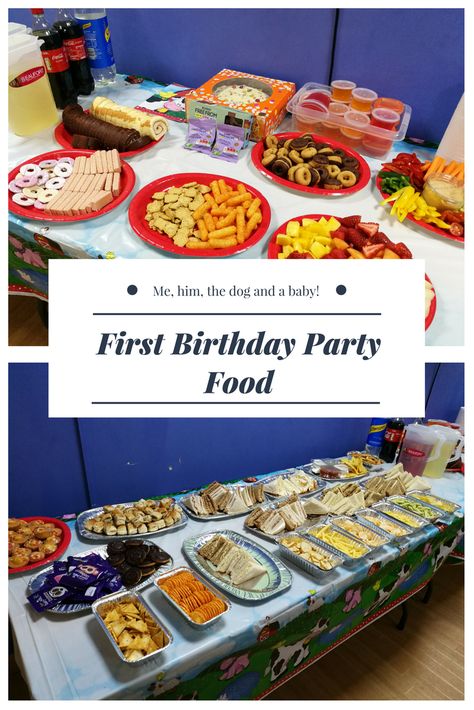 First Birthday Party Food - Me, him, the dog and a baby! First Birthday Food Menu Ideas, Food Ideas For One Year Old Birthday Party, Food At First Birthday Party, Cheap First Birthday Food, Food Ideas First Birthday Party, Party Food For One Year Old Birthday, 1st Birthday Menu Ideas, 1st Birthday Buffet Ideas, Food To Serve At First Birthday Party