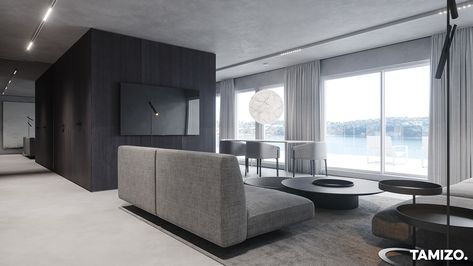 I.083 - Apartment interior design on Behance Tamizo Architects, Brutalist Interior, Black Brick Wall, Feature Wall Design, Unit Design, Interior Design Website, Interior Living Room, Minimalist Apartment, Design Apartment