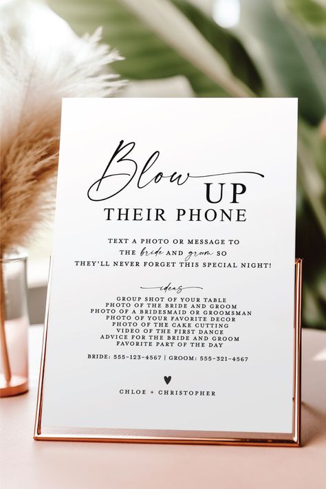 Blow Up Their Phone Printable Template. Simple Modern Minimalist Wedding Printable Editable Template. Easy to Edit, Download and Print! #etsy #hellorosepaperie #templett #minimalistwedding #simplemodernwedding #minimalistsigns #minimalisttemplates #weddingsigntemplates #elegantweddingsigns #modernweddingsigns #blowuptheirphones #blowupourphones #weddingreceptionsigns #weddingphotosigns #sharethelove #capturethelove #weddingphotoscavengerhunt #blowuptheirphoneweddingtemplate Phone Printable Template, Blow Up Their Phone Wedding, Phone Printable, Love Printables, Groomsmen Photos, Reception Sign, Wedding Reception Signs, Bridal Shower Printables, Bride And Groom Photo