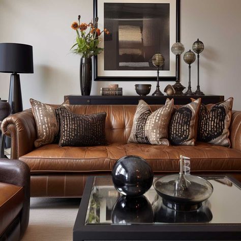 How to Blend Brown and Black for a Cozy Living Room Ambiance • 333+ Inspiring Lifestyle Ideas Cognac Leather Couch Living Rooms Cozy, Black White And Brown Interior Design, Black Brown Tan White Living Room, Brown Leather Couch Living Room Decor Modern, Gray And Brown Living Room Ideas Cozy, Living Room Paint Color Ideas With Brown Furniture Leather Couches, Black And Leather Living Room, Dark Brown Leather Couch Living Room Ideas, White Brown And Black Living Room