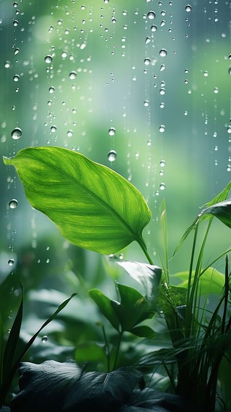 A rain scene with plant outdoors nature green. | premium image by rawpixel.com Devotional Prompts, Mobile Wallpaper Nature, Green Plants Wallpaper, Background Green Nature, Green Plant Wallpaper, Green Leaves Background, Green Morning, Rain Night, Green Nature Wallpaper