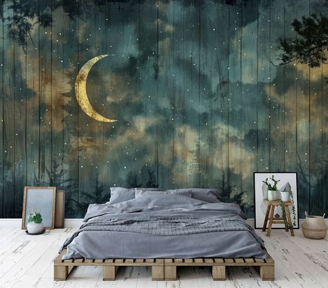 Enchanted Forest at Night Sky Stars Crescent Moon Gift, Art Print Photomural Wallpaper Mural Easy-Install Removeable Peel and Stick Decal Fotowalls tailored wall art products are space transformers - designed to instantly create a feeling or a look, and make your rooms as unique as you are. 📦🌎 FREE WORLDWIDE EXPRESS SHIPPING! 🌎📦 📍📐 All sizes are Width by Height 📐📍 INK ➡  We print using HP EcoLatex ink; GreenGuard Gold status with ultra-low emissions and VSC's, suitable for children's bed Sweet Dreams Bedroom Decor, Nighttime Forest Nursery, Night Themed Bedroom, Wallpapers For Bedroom Walls, Boho Gothic Bedroom, Wall Painting Ideas Bedroom Unique, Night Sky Bedroom, Astrology Bedroom, Whimsical Bedroom Adult