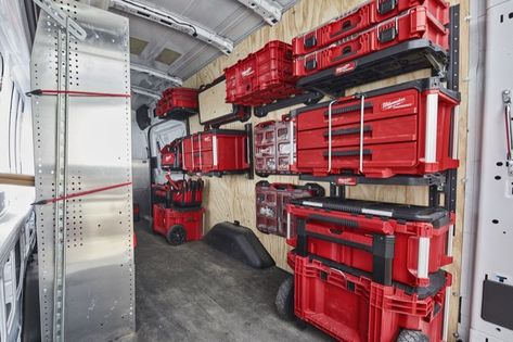 Milwaukee Packout Racking Kit and Shelf | Pro Tool Reviews Trailer Shelving, Work Truck Organization, Work Truck Storage, Milwaukee Tool Box, Van Racking Systems, Van Organization, Truck Organization, Van Shelving, Milwaukee Power Tools