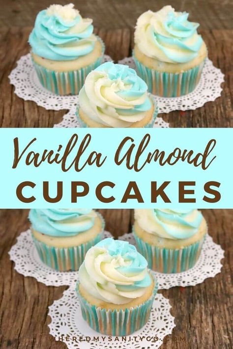 Frozen Vanilla Almond Cupcakes with a Marshmallow Cream Cheese Frosting Recipe Almond Vanilla Cupcakes, Vanilla Almond Cupcakes, Almond Cupcakes Recipes, Almond Flavored Cupcakes, Almond Cupcake Recipes, Cupcake Frosting Tips, Frost Cupcakes, Nutella Recipes Easy, Gold Cookies