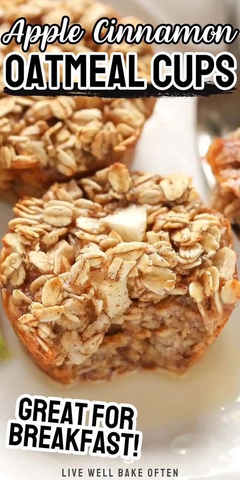 Get ready to start your day on the right foot with these easy baked apple oatmeal cups from Live Well Bake Often! They're the perfect choice for an easy and healthy breakfast that you can enjoy throughout the week. Packed with wholesome ingredients and bursting with delicious apple flavor, they're a nutritious and convenient option for busy mornings. Give this healthy breakfast option a try! Apple Oat Cups, Oatmeal And Apple Muffins, Weight Watchers Baked Apple Oatmeal, Baked Apple Oatmeal Cups, Apple Oatmeal Microwave, Apple Cinnamon Baked Oatmeal Cups, Oatmeal Cups Baked Breakfast Recipes, Baked Oatmeal Cups No Banana, Apple Oatmeal Bake Breakfast Healthy