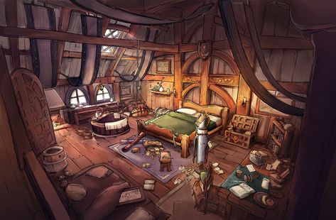 Feng Zhu Design Inn Interior Fantasy Art, Dnd House Interior Art, Inn Room Fantasy Art, Tavern Inn Room, Fantasy Inn Interior, Fantasy Inn Room, Dnd Cities, Room Concept Art, Foam Decor