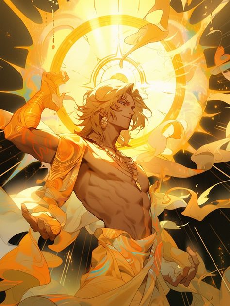 God Of Electricity, The Sun As A Human, Apollo Fantasy Art, Sun God Concept Art, Sun God Design, Sun God Art Male, Sun People Art, Fire God Art Male, God Of Sun Art