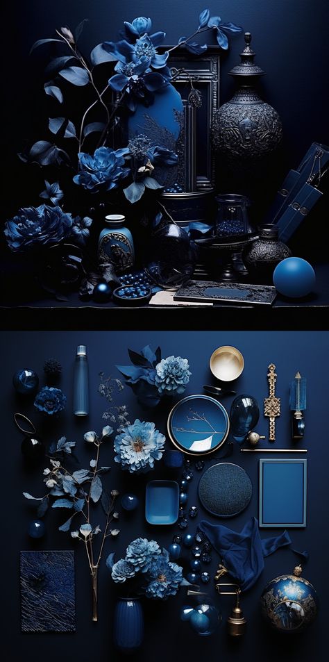 Mood board for colour Dark Blue Aesthetic Room, Blue Dark Academia, Blue Aesthetic Room, Dark Academia Blue, Dark Blue Aesthetic, Dark Color Palette, Color Board, Blue Colour Palette, Blue Rooms