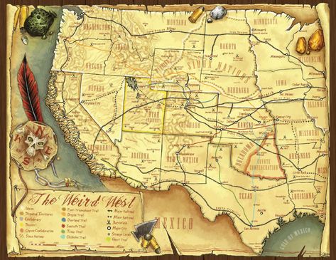 Western Steampunk RPG Brainstorming: Map Deadlands Rpg, Item Rpg, Draw Map, West Map, Western Inspiration, Old Western Towns, Weird West, North America Map, West Town