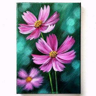 Cosmos Flowers Acrylic Painting | Cosmos Flowers Acrylic Painting Color used : Viridian, Black, Sap green, White, Black, Lilac, Magenta, Burnt sienna, Raw umber, Lemon yellow #art... | By El Drawing Arts | Facebook Kosmos Flowers Painting, Cosmos Flowers Painting, Painting Cosmos, Cosmos Painting, Flowers Acrylic Painting, Sap Green, Drawing Arts, Flowers Acrylic, Cosmos Flowers