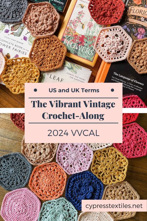 2024 VVCAL Main Info Page | cypress|textiles 2024 Crochet Along, Cal Crochet, Crochet Cal, Crochet Granny Square Tutorial, Spring Palette, Cicely Mary Barker, Crochet Hexagon, Crochet Circles, Textile Fiber Art