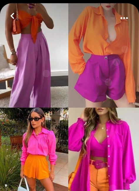 Color Block Party Outfit, Magenta And Orange Outfit, Orange And Pink Outfits For Women, Pink Orange Aesthetic Outfit, Neon Color Outfits Party, Pink And Orange Color Block Outfit, Pink And Orange Summer Outfit, Orange And Hot Pink Outfit, Bright Pink Outfit Ideas