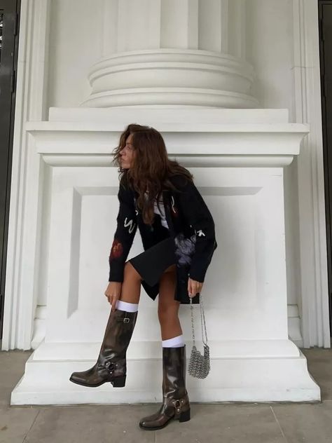 10 Fall Boot Trends to Step Into Cooler Temps in Style Black Moto Boots Outfit Winter, Fall Boots Outfit Aesthetic, Distressed Boots Outfit, Boot Outfit Aesthetic, Pull On Boots Outfit, Knee High Moto Boots Outfit, Tall Biker Boots Outfit, Party Boots Outfit, Fall Boots 2024 Outfits