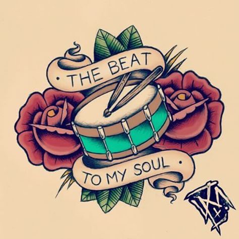 Tattoos For Drummers, Hilda Tattoo, Heart Music Tattoo, Snare Drum Tattoo, Drum Tattoos, Drummer Tattoo, Sheet Music Tattoo, Drum Tattoo, Old School Ink