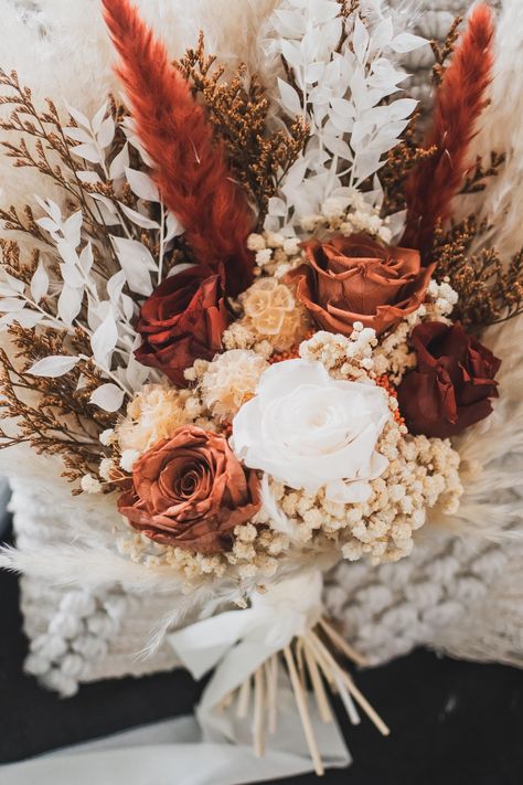 🌸 A wedding bouquet in a boho style and in a trendy terracotta shade will be the perfect solution for your wedding. We use only natural flowers that retain their appearance for 3 to 5 years and at the same time preserve the memory of the most important event in your life. 🌸 Dimensions: Luxe bridal bouquet 20" Bridal bouquet 15" Bridesmaid bouquet 11" Bridesmaid small bouquet  9" Wedding arch 28" x 16" Wedding arch 40" x 20" If you would like for us to add or take out a flower let us know and w Terracotta Bridesmaid Bouquet, Wedding Bouquet Terracotta, Terracotta Wedding Bouquet, Terracotta Bridal Bouquet, Rust Terracotta Wedding, Fall Wedding Bridal Bouquets, Terracotta Bridesmaid, Dream Wedding Bouquet, Bouquet Fall Wedding