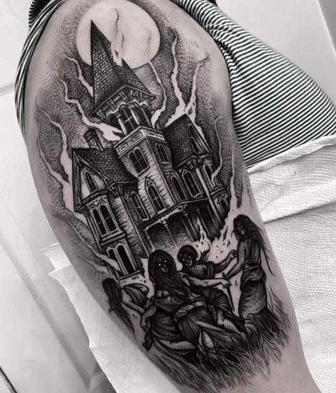 Haunted House Tattoo, Church Tattoo, Victorian Witch, Shoulder Tats, Castle Tattoo, Gorilla Tattoo, Goth Tattoo, Full Back Tattoos, Kawaii Tattoo