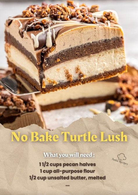 Anita Recipes | 🧡🤎 No Bake Turtle Lush | Facebook Turtle Lush, Recipes No Bake, Lush Dessert, Family Desserts, Bake Dessert, Icebox Cake, Ice Box, Party Desserts, No Bake Desserts