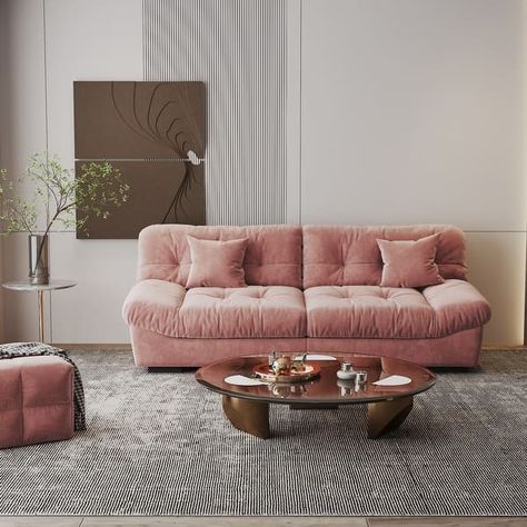 Modern Sanded Velvet Cloud Loveseat Sofa Sectional Couch for Living Room - On Sale - Bed Bath & Beyond - 39468932 Light Pink Couch Living Room Ideas, Deep Red Velvet Sofa, Pink Cozy Chair, Pink Cloud Couch, Pink Velvet Couch Living Room, Baby Pink Couch, Small Couch In Bedroom Aesthetic, Cozy Sofa Aesthetic, Cozy Seating Area In Bedroom