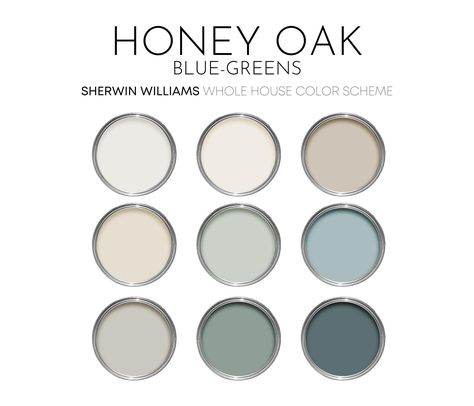 The Honey Oak Blue-Greens color scheme is a collection of neutrals and blue-green colors that compliment Honey Oak wood tones. Created with Sherwin Williams paint colors and featuring many best-selling colors, this palette takes makes coordinating paint colors with Honey Oak easy. I have carefully selected a range of 9 colors for this palette, and included options for walls, trim, ceilings, furniture, cabinets and doors.  Sherwin Williams has hundreds of paint colors, each with their own unique undertones. This can make choosing the right paint colors hard. The colors in this collection were carefully selected to coordinate with each other - this makes choosing the right paint colors a lot easier! Upon purchase, you will receive a beautiful digital color guide with: * All names and numbers Each Wall Different Color, Paint Colours That Go With Honey Oak, Paint Colors For Honey Oak Cabinets, Honey Oak Paint Colors, Honey Oak Floors Wall Colors, Kitchen Paint Colors With Oak Cabinets, White Walls With Wood Trim, Paint Pairings, Paint Colors Sherwin Williams