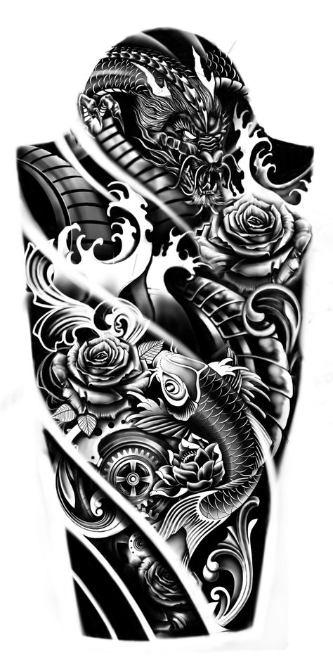 Koi Tattoo Sleeve Forearm, Koi Sleeve Tattoo, Dragon Koi Tattoo Design, Koi Dragon Tattoo, Koi Tattoo Sleeve, Tattoo Homme, Warrior Tattoo Sleeve, Koi Dragon, Mangas Tattoo