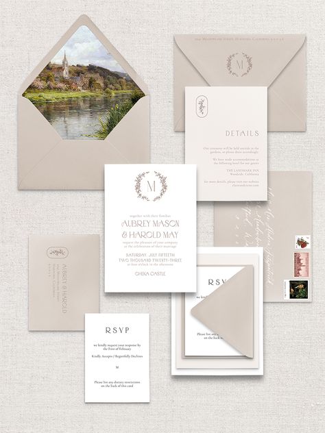 Outdoor Barn Wedding, 2023 Weddings, Cream Color Scheme, Letterpress Design, Monogram Wedding Invitations, Art Invitation, Countryside Landscape, Envelope Liner, Monogram Wreath