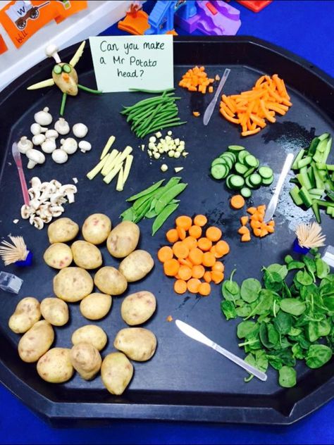 Help naming veg and discussing healthy eating. Early Years Garden Activities, Outdoor Activities Early Years, Early Years Science Activities, Science Early Years, Reggio Food Provocations, Early Years Provocations, Fine Motor Tuff Tray, Regio Emilia Activities, Healthy Eating Activities