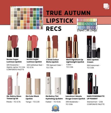 True Autumn Nail Color Palette, True Autumn Lip Color, Lipstick For Autumn Type, True Autumn Lipstick, Soft Autumn Makeup Lipsticks, True Autumn Color Palette Lipstick, Dark Autumn Lipstick Colors, Deep Autumn Lipstick, True Autumn Lipstick Colour