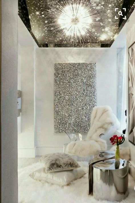 Home decor ideas Academia Room, Glam Living, Glam Living Room, Glitter Wall, Glam Room, Salon Interior Design, Glam Decor, White Fur, White Furniture