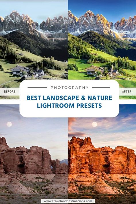 A pin for an article on the best landscape and nature presets Vintage Lightroom Presets, Best Landscape, Lightroom Presets For Portraits, Wedding Presets, Professional Lightroom Presets, Lightroom Presets Bundle, Lightroom Filters, Photography Filters, Photo Editing Lightroom