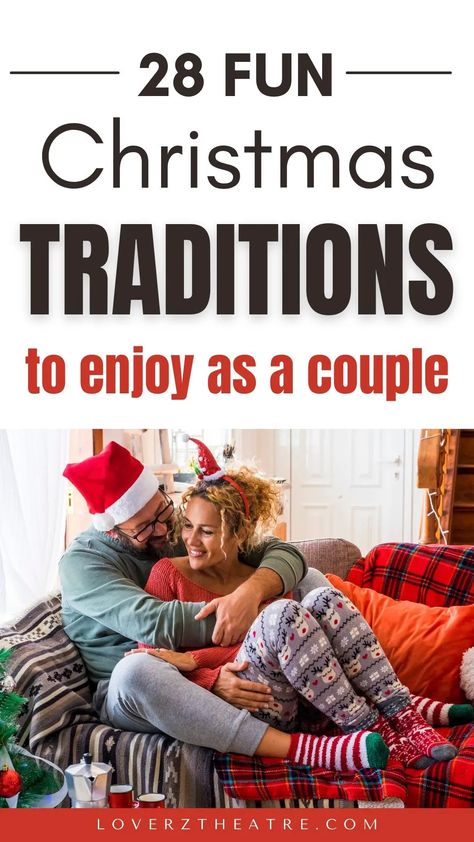 Are you looking for romantic Christmas traditions to start as a couple? Need a huge list of Christmas activities for married couples? See these 28 Christmas traditions for couples that are fun and romantic. These fun things to do on Christmas day with your partner also include Christmas date night ideas, plus new Christmas traditions for couples that will improve your marriage Husband And Wife Christmas Traditions, Christmas Traditions Newlyweds, Romantic Christmas Ideas Couple, Christmas Ideas To Do With Boyfriend, Traditions To Start Couples, Christmas Dates At Home, Christmas Couple Traditions, Couples Christmas Ideas At Home, New Years Couple Ideas