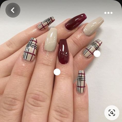 Fall Nail Designs Flannel, Fall Nails Maroon And Gold, Burgundy Nail Art Fall, Maroon Plaid Nails, Burberry Acrylic Nails, Fall Flannel Nails, Fall Burberry Nails, Burberry Nails Design, Plaid Nail Designs Fall