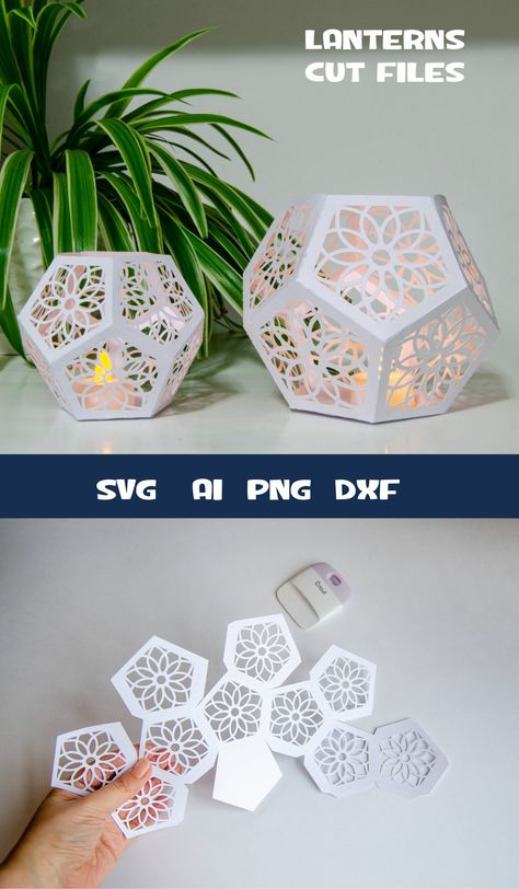 3D Paper Craft Cricut Paper Projects, Lantern Template, Lantern Svg, 3d Paper Projects, Christmas Fonts Free, Idee Cricut, Pentagon Shape, Folding Origami, 3d Svg